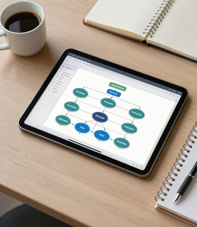 An overhead shot of a clean workspace featuring a tablet displaying a software architecture diagram with various nodes and connections. Next to it is a cup of coffee and a notebook. The color scheme follows a palette of sand and charcoal, reflecting a professional Brazilian office atmosphere.