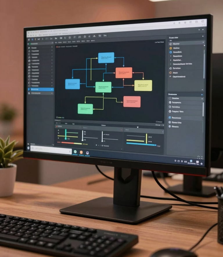 A close-up photograph of a professional workstation in a modern Brazilian tech office, showing a high-end monitor with complex software architecture diagrams. The lighting is soft charcoal and warm terracotta, creating a serious yet welcoming atmosphere. No people are visible.