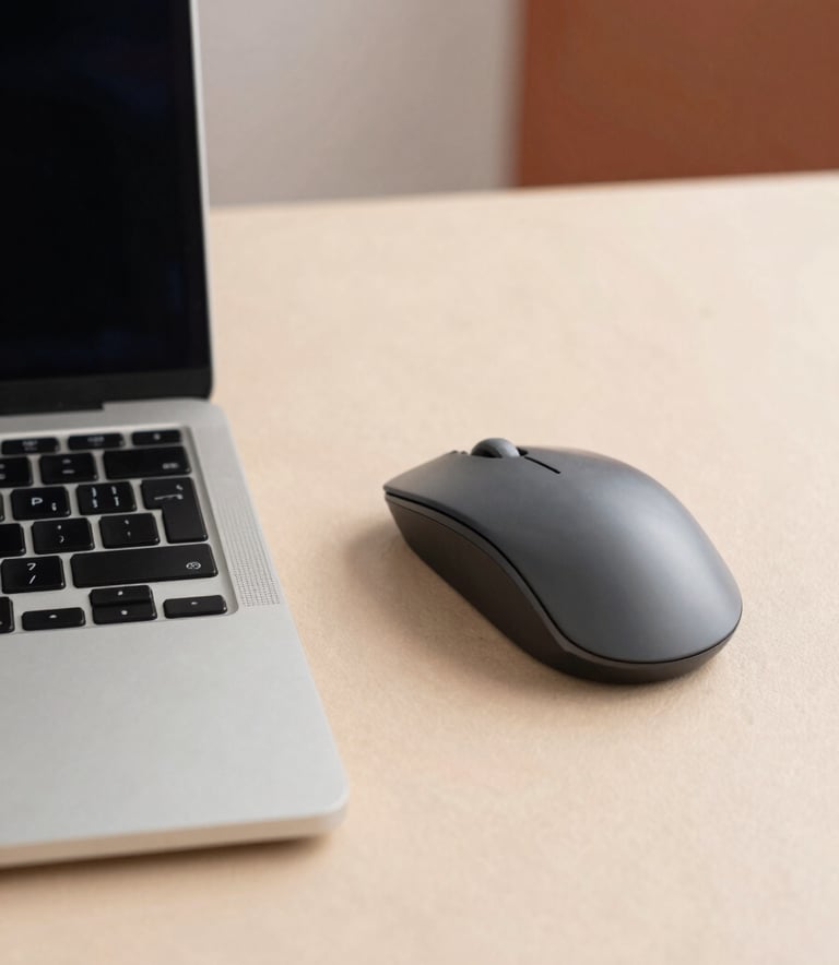 Macro photography of a sleek laptop keyboard and a high-precision mouse on a soft sand-colored desk. The scene is shot in a bright South American office setting with natural lighting and soft terracotta accents in the background. No people are in the frame.