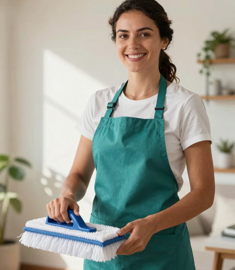 Bright photography of a professional woman in a neat apron in a sunlit South American Brazilian home, holding a cleaning caddy, smiling warmly, soft light teal and off-white background colors.