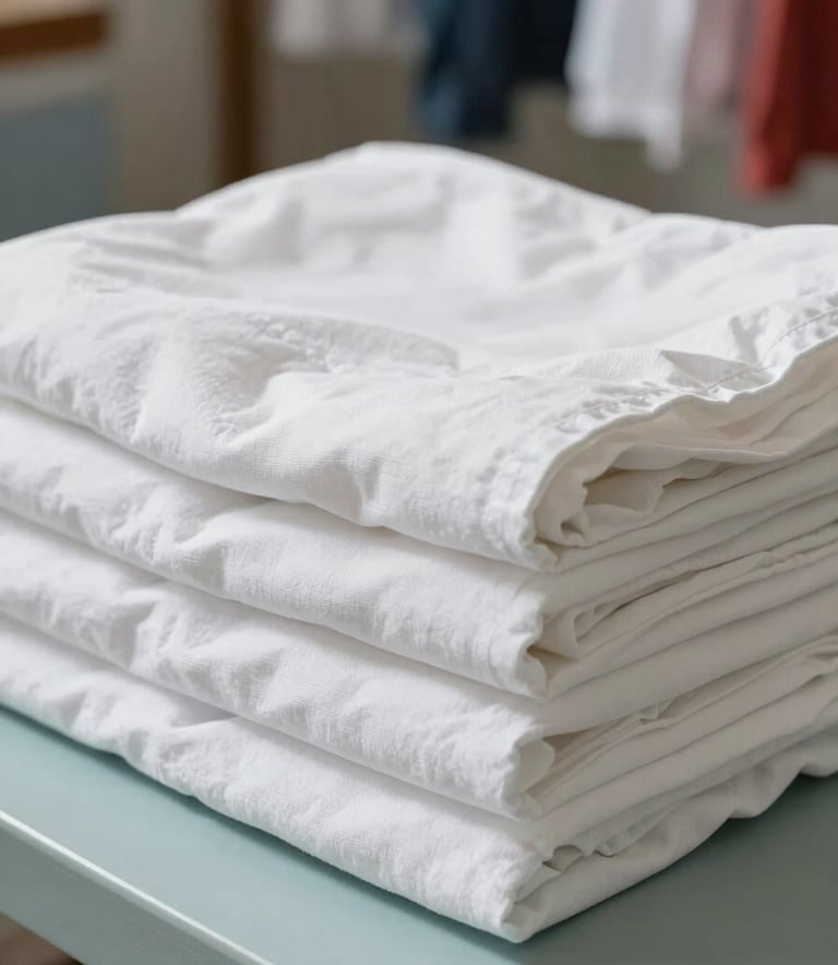 A close-up of freshly laundered and neatly folded white linens on a light blue-green surface, South American / Brazilian laundry area setting, bright and natural lighting conveying a sense of hygiene.