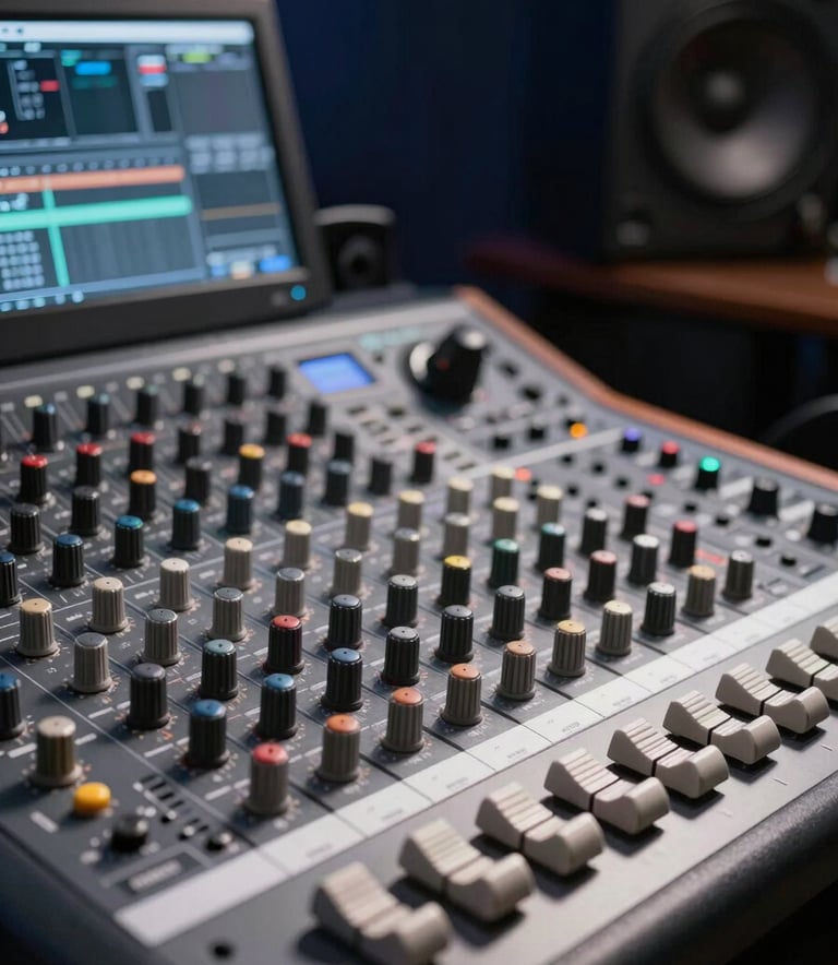 A professional close-up of a high-end music mixing console next to a film editing monitor. Mist white light reflecting off metallic knobs, dark navy shadows in the background studio.