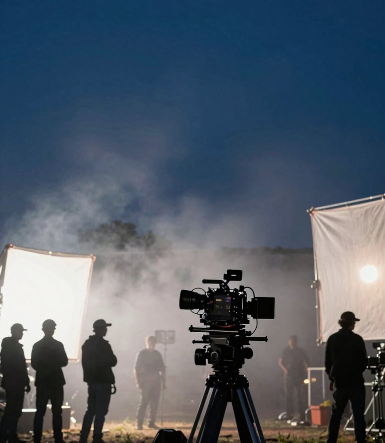 A cinematic low-angle shot of a professional film set at night. Sky blue lens flares, mist white silhouettes of production crew against dark navy equipment.