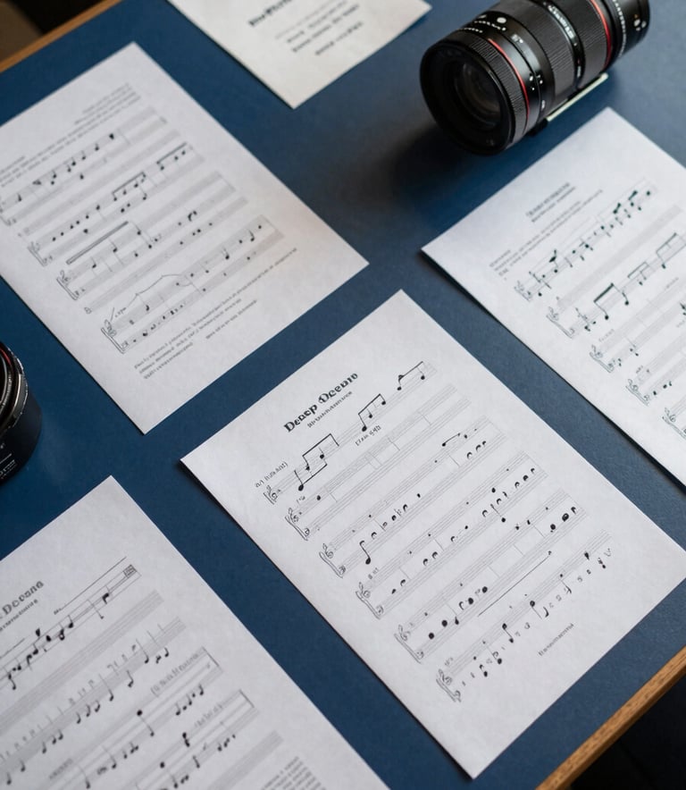 A top-down shot of a strategic planning table with film scripts and sheet music, featuring Deep Ocean Blue accents and Soft Fog paper, sharp focus, professional lighting.
