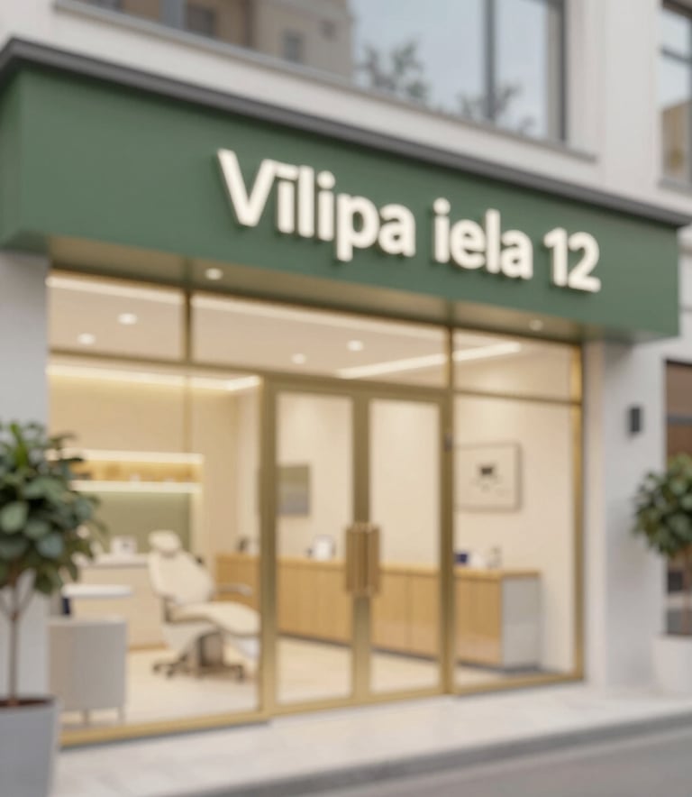 An exterior or lobby shot of a modern dental clinic at Vīlipa iela 12, Riga. The design is clean and professional with a cozy, family-friendly vibe. Subtle gold (#C09C63) and olive (#6B7A51) details are visible in the decor.