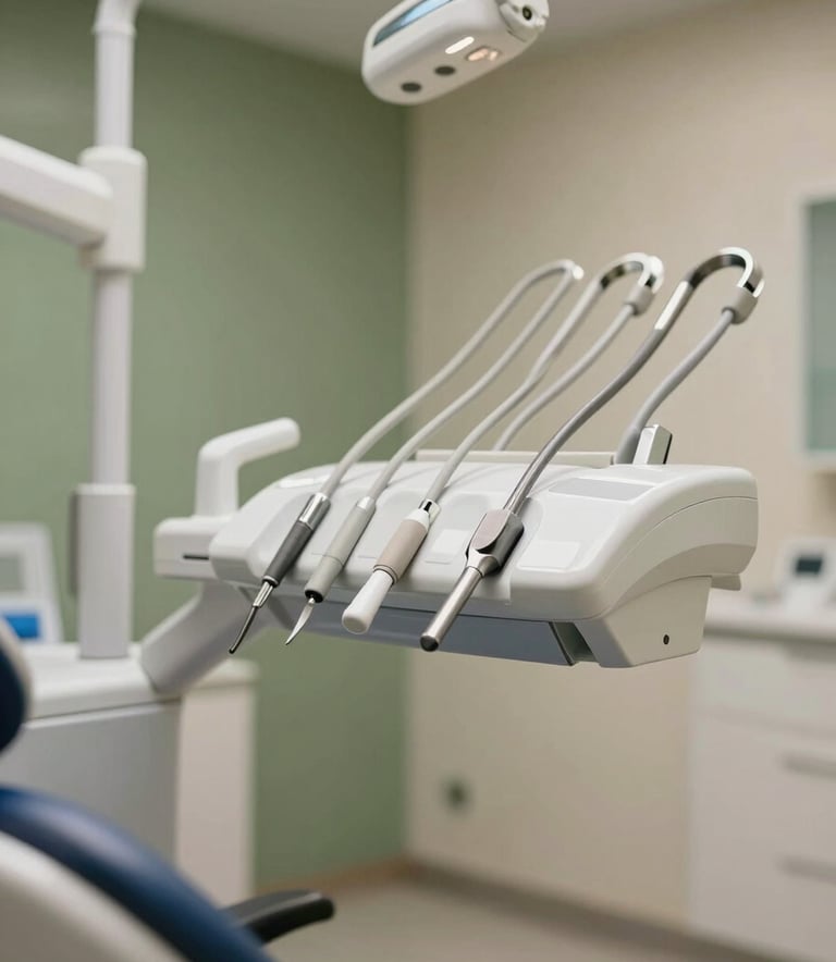 A close-up, high-quality medical photograph of modern dental equipment in a bright, renovated clinic room. The walls have subtle olive green (#6B7A51) accents. The lighting is warm and natural, creating a welcoming and trustworthy atmosphere.