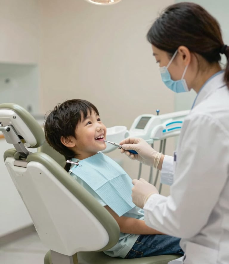 A happy child sitting in a dental chair, smiling at a friendly dentist. The room is modern, bright, and cozy with warm olive and beige tones. High-quality medical photography focusing on a family-friendly environment.