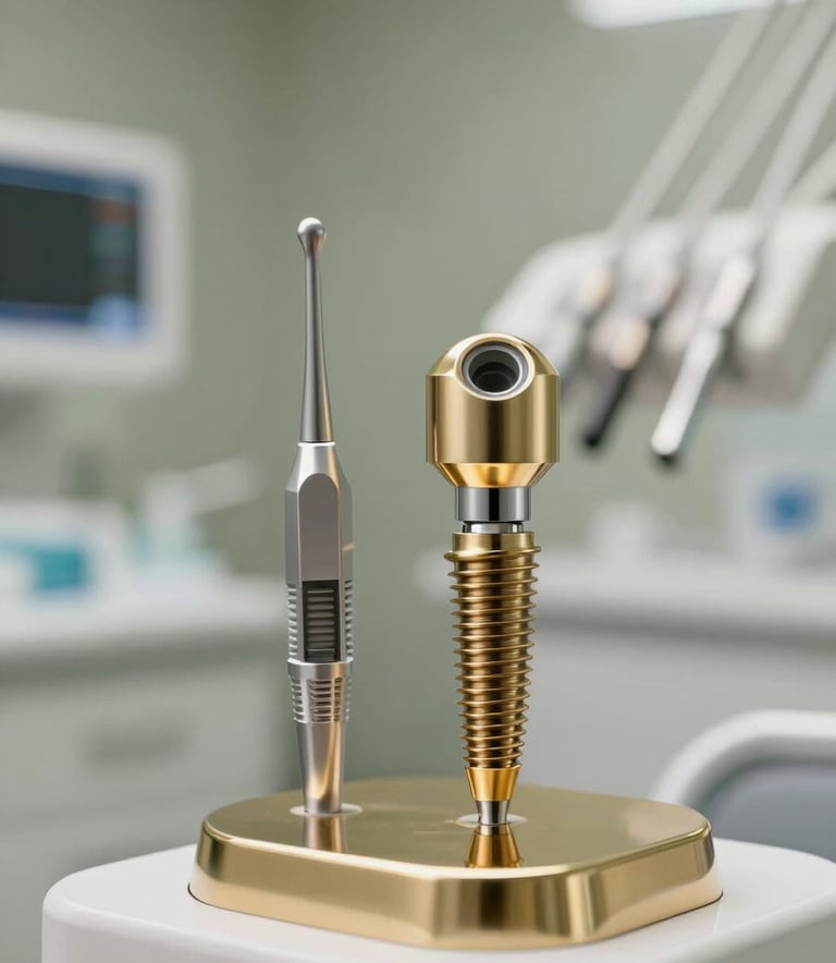 A close-up of high-tech dental equipment and an implant model in a clean, modern clinic. Soft olive green accents in the background, warm gold-toned lighting, reflecting professionalism and advanced technology. Professional photography style.