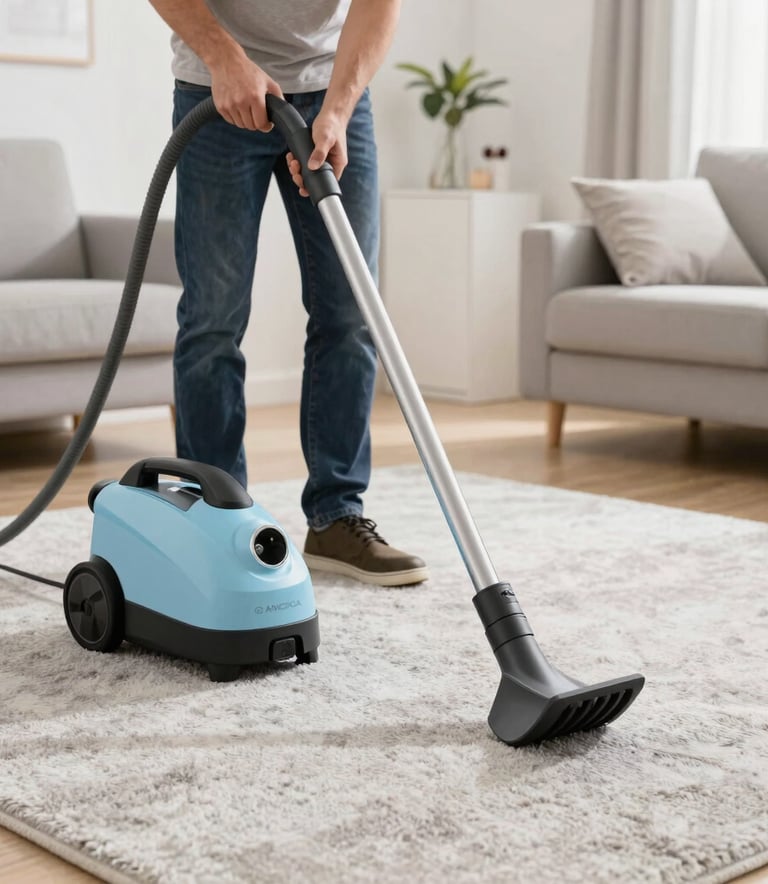 Eine professionelle Teppichreinigung in einem modernen mitteleuropäischen Wohnzimmer. Ein Fachmann benutzt eine hochwertige Extraktionsmaschine auf einem hellgrauen Teppich. Das Licht ist hell und natürlich, die Atmosphäre ist sauber und vertrauenswürdig. Die Farben sind in sanftem Pale Blue und Off-White gehalten.