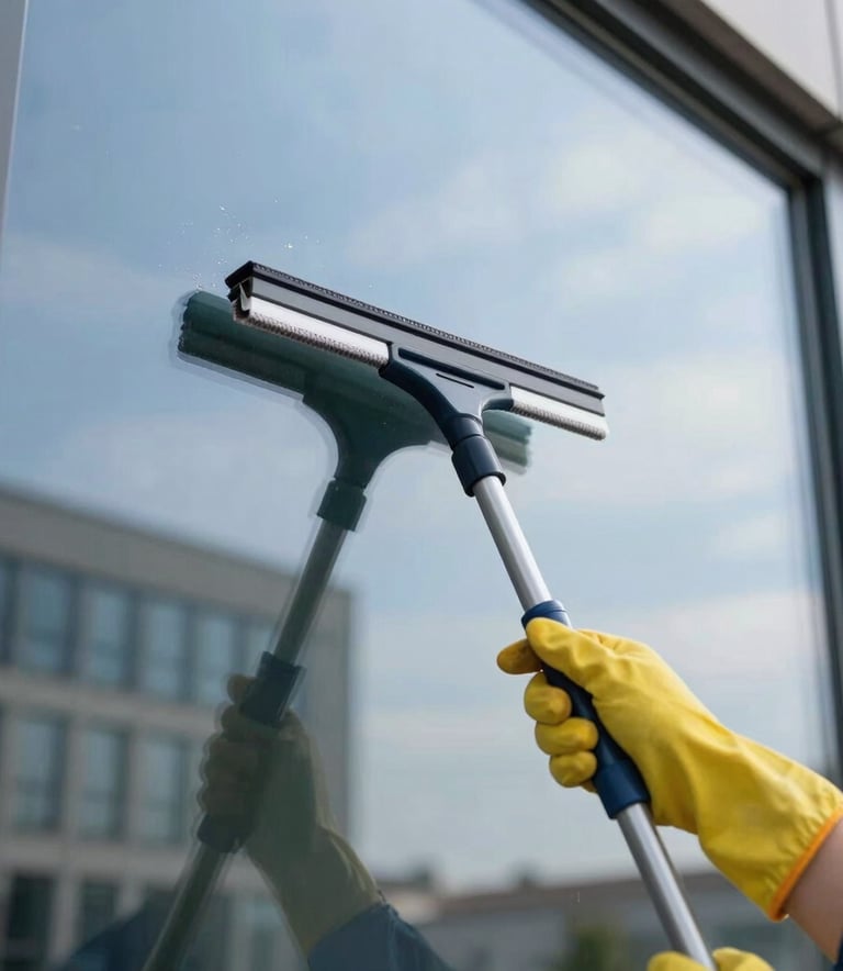 Close-up of a professional cleaner using a squeegee on a large glass window, clear view of the sky, reflecting a clean and modern building exterior, Mitteleuropäisch / Deutsch setting.