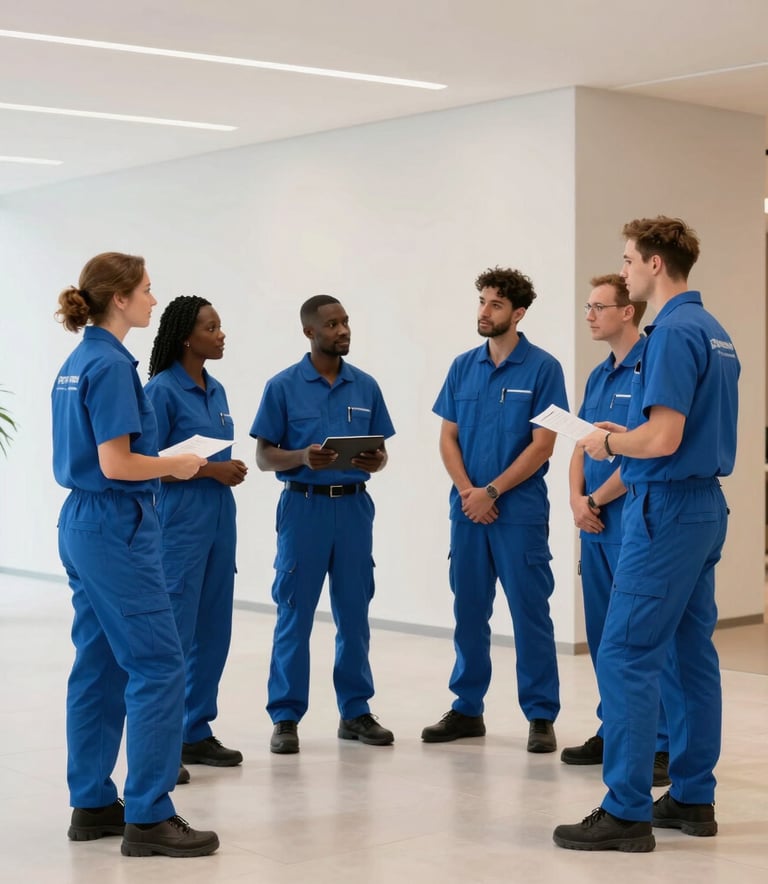 Ein Team von Reinigungskräften in professioneller blauer Kleidung, die sich in einem hellen, modernen Foyer in Deutschland unterhalten. Die Szene strahlt Professionalität, Teamgeist und Vertrauenswürdigkeit aus. Helle, minimalistische Architektur.
