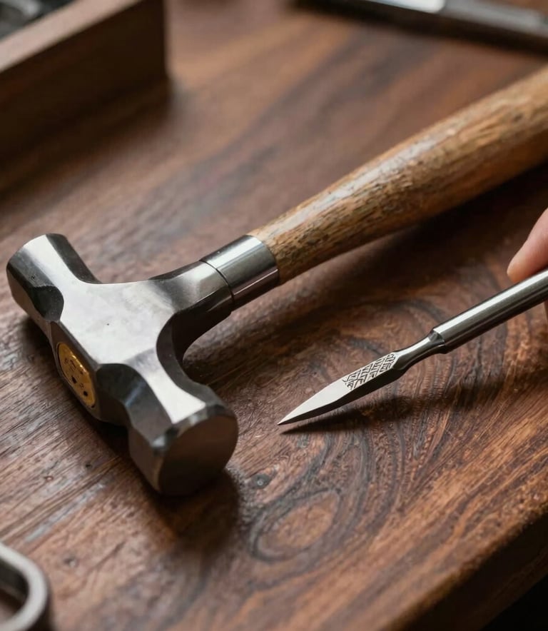 A close-up photograph of premium jewelry crafting tools, featuring a high-precision polished steel hammer and delicate hand engraving chisels on a dark walnut wood workbench in an Indonesian artisan studio.
