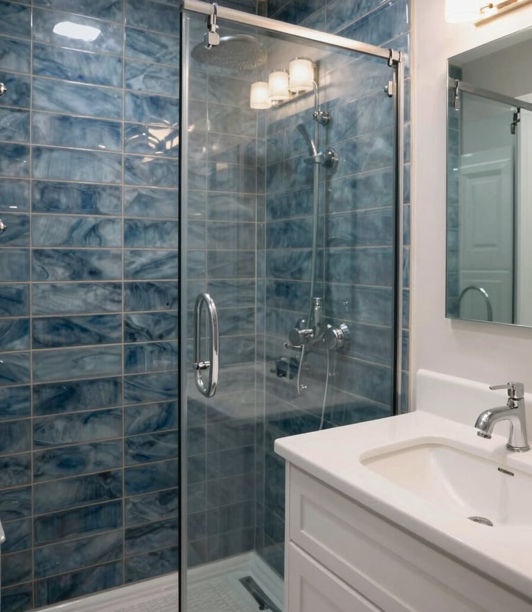 A high-end bathroom renovation in a North American / Canadian (with South Asian cultural influence) home. The scene features steel blue tiles, a modern glass shower, and crisp off-white vanity. Bright, professional lighting highlights the craftsmanship.