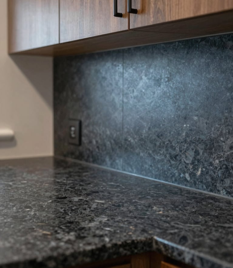 A detailed close-up of a modern kitchen renovation in a North American / Canadian (with South Asian cultural influence) residence. Showcasing dark slate grey granite countertops and steel blue backsplashes with soft ambient lighting.