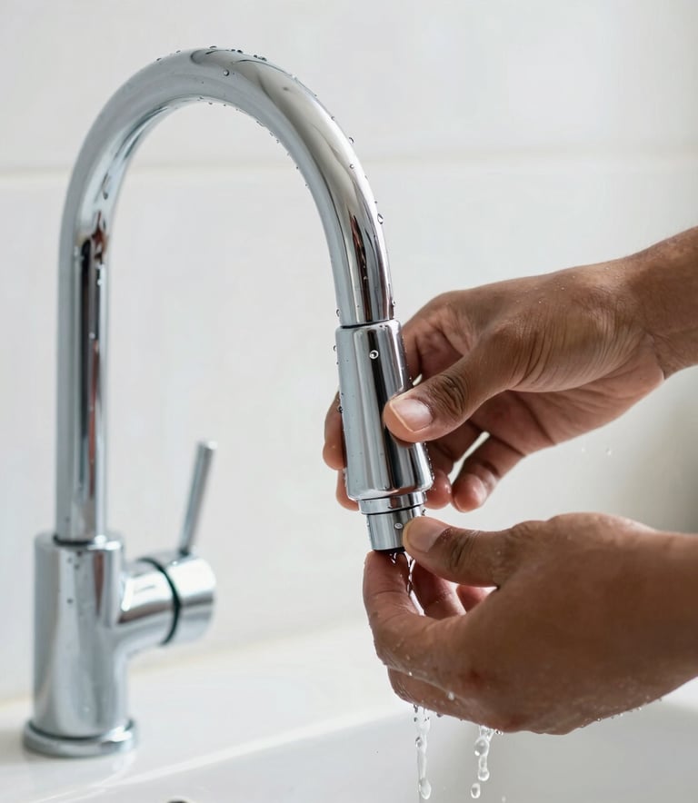 A close-up of a high-end chrome kitchen faucet being installed with professional precision, water droplets visible, South American / Brazilian home interior, bright and clean photography, medium blue and white tones.