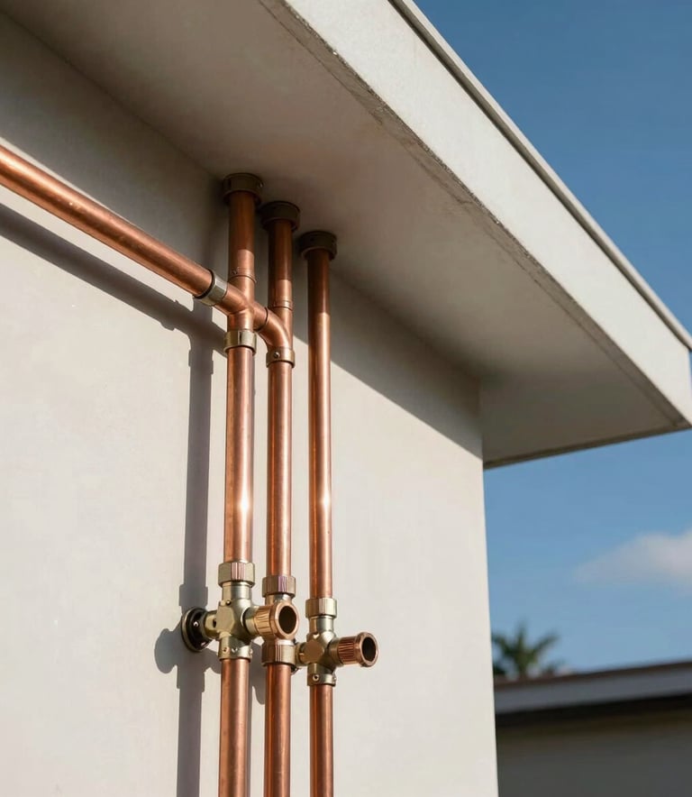 Professional installation of copper gas pipes on the exterior wall of a modern Brazilian house, clean lines, sunny day, sharp focus on the technical fittings, deep blue sky background.