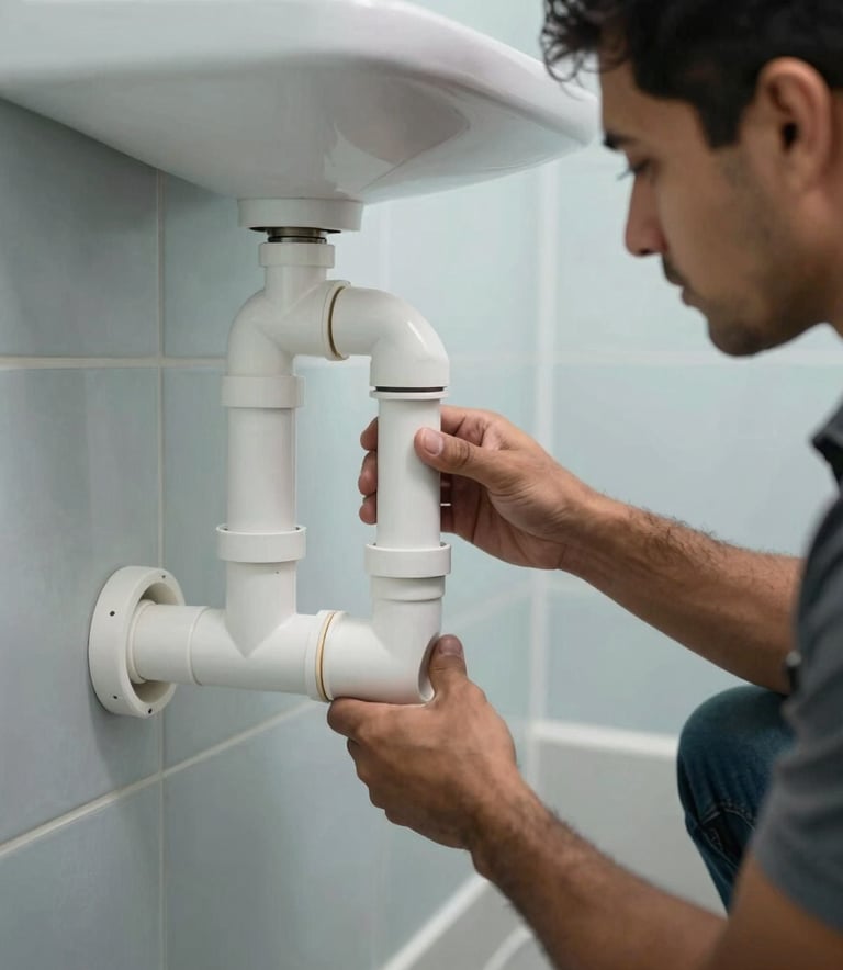 A professional South American plumber working on a bathroom installation, precisely fitting white PVC pipes. The environment is clean and modern with soft daylight. Palette includes light blue and charcoal grey.