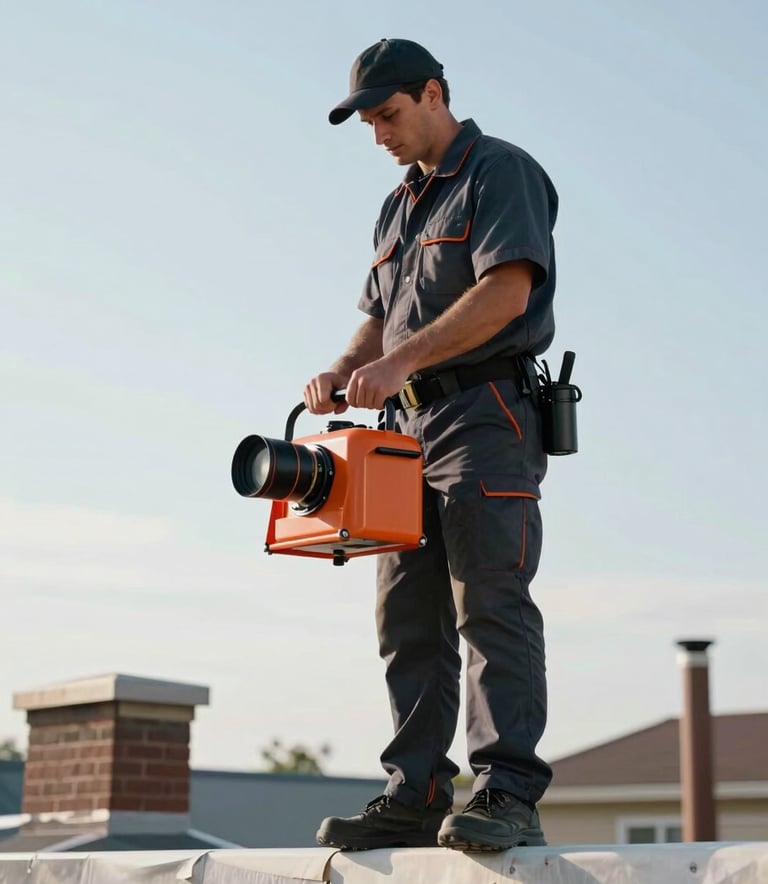 A professional chimney sweep in a clean uniform standing on a North American rooftop. They are holding professional equipment against a bright, clear sky. Modern efficiency, clean aesthetic, with hints of Burnt Orange on the gear.