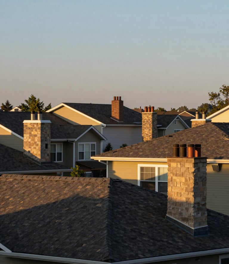 An exterior shot of a residential North American neighborhood in the evening, focusing on well-maintained chimneys and rooftops under a clear sky, symbolizing safety and home care.