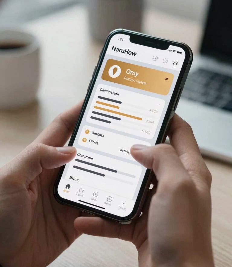 Close-up of a person's hands using a sleek smartphone in a modern North American office, the screen displaying a sophisticated business dashboard with amber and light grey accents.