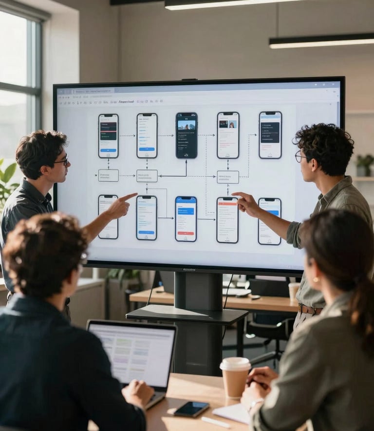 A professional North American creative team discussing mobile app architecture around a large digital display in a sunlit, modern workspace.