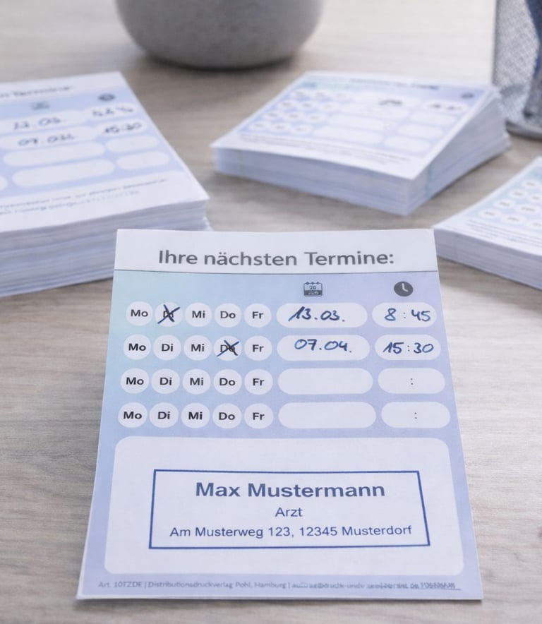 Handwritten doctor appointment reminder card on a medical desk with stethoscope and pen.