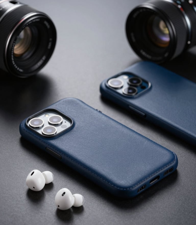 A sophisticated close-up of premium mobile phone accessories, including high-end leather cases and wireless earbuds, arranged on a dark reflective surface. Professional studio lighting with Navy Blue and White accents, Middle Eastern / Gulf setting.