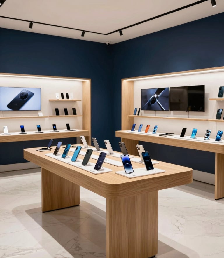 A professional wide-angle photograph of the interior of a high-end mobile technology boutique in a modern Middle Eastern city. The design is minimalist with white marble floors and dark blue accents. Sophisticated display tables showcase the latest smartphones under warm, focused lighting.