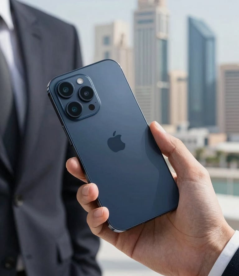 A high-end photograph of a sleek, modern smartphone held by a hand in a professional business setting. The background shows a blurred view of a modern city in the Middle Eastern / Gulf region. Bright, clean lighting with Navy Blue tones.
