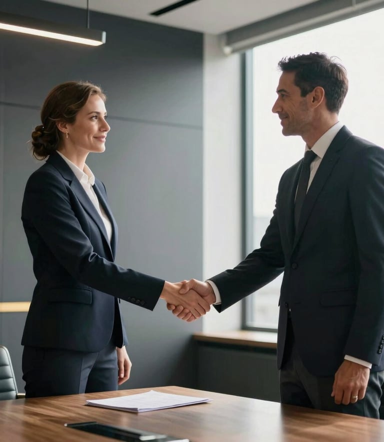 Two South African business partners shaking hands in a modern Sandton boardroom, dark grey and gold accents, professional corporate style, soft sunlight through window.