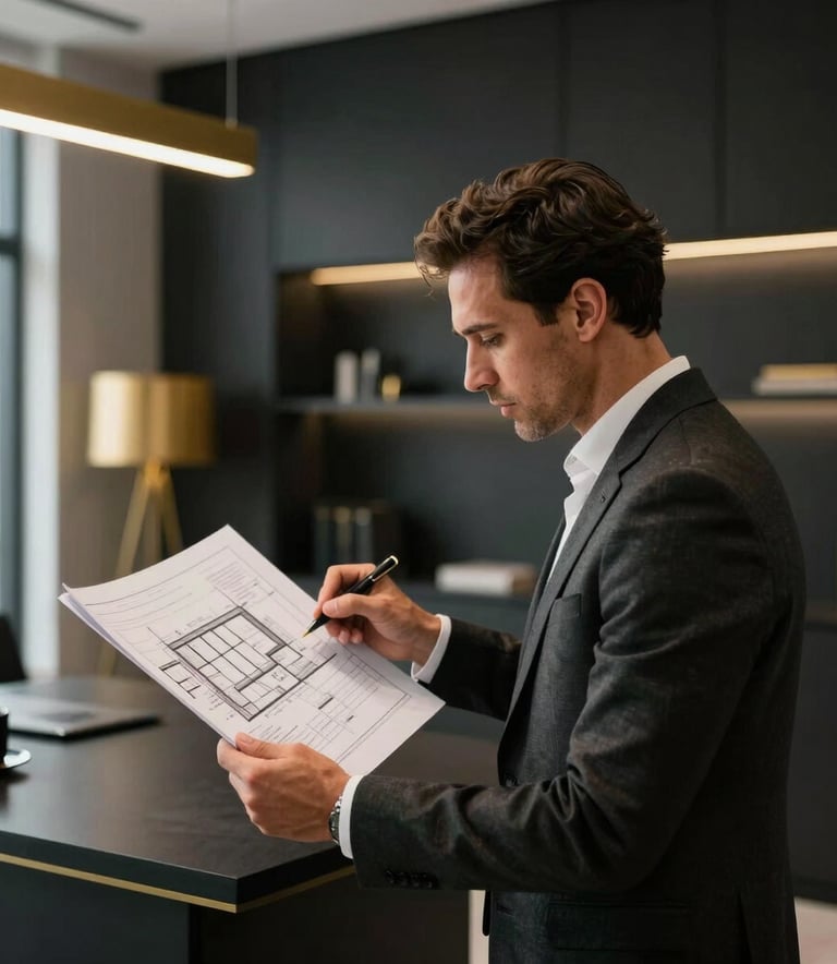 A professional South African consultant in a minimalist office with black and gold decor, reviewing architectural plans, luxury lighting, sharp focus.