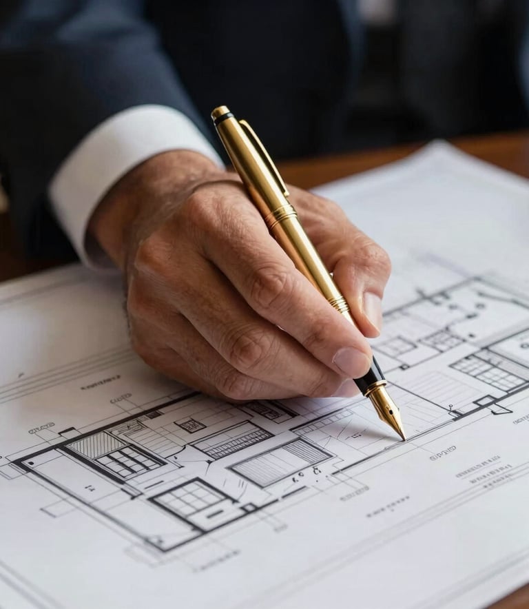 Detailed shot of a professional hand in a dark suit placing a gold fountain pen on top of architectural blueprints for a South African luxury estate. Sophisticated atmosphere.