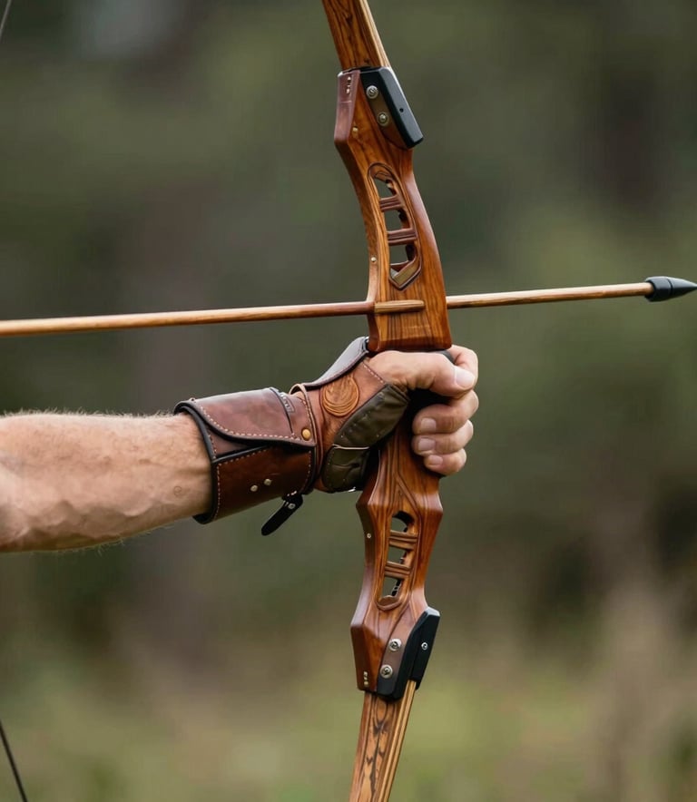 Close-up of a hand in a leather archery glove drawing a traditional wooden longbow, forest background in the Spanish countryside, soft natural lighting, elegant and focused.