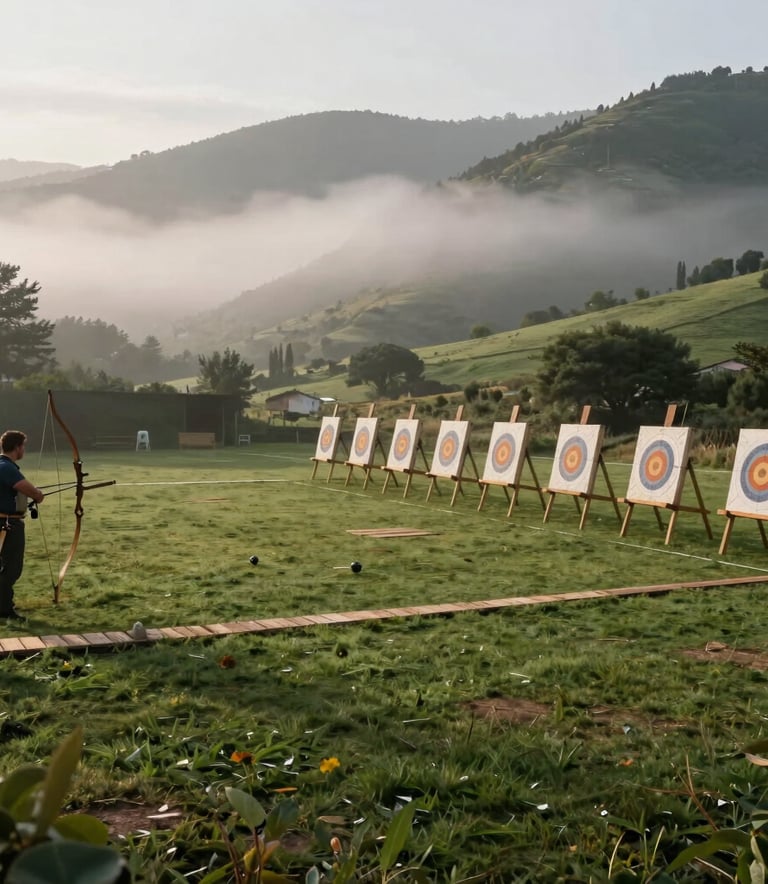 A panoramic photography of a traditional archery range set in a green valley in Spain, wooden targets at different distances, mist in the morning air, professional and serene.