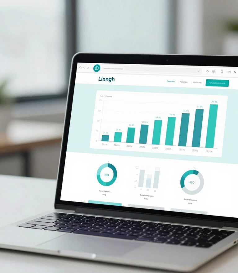 A clean, modern laptop screen displaying a high-conversion landing page with professional analytics graphs. The background is a bright, professional office setting with soft #E0F2F7 and #1B3A5C color accents.