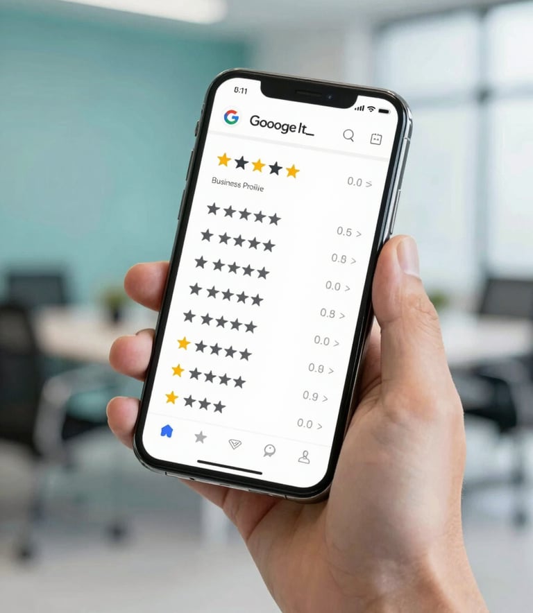 A close-up of a professional person holding a smartphone showing a 5-star Google Business Profile with many positive reviews. The background is a bright, modern office with soft teal accents (#3D798C). The image style is clean, professional, and optimistic.
