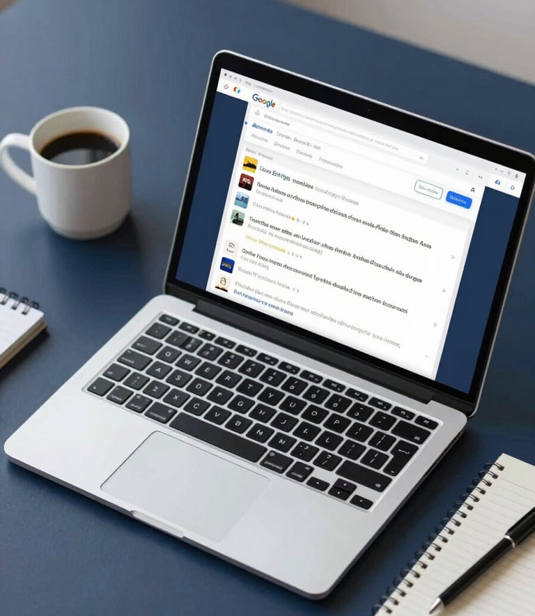 A top-down view of a modern desk with a laptop displaying a Google Maps search result page where local businesses are highlighted. Beside the laptop is a cup of coffee and a notebook. The color palette features dark navy (#0A1128) and professional lighting.