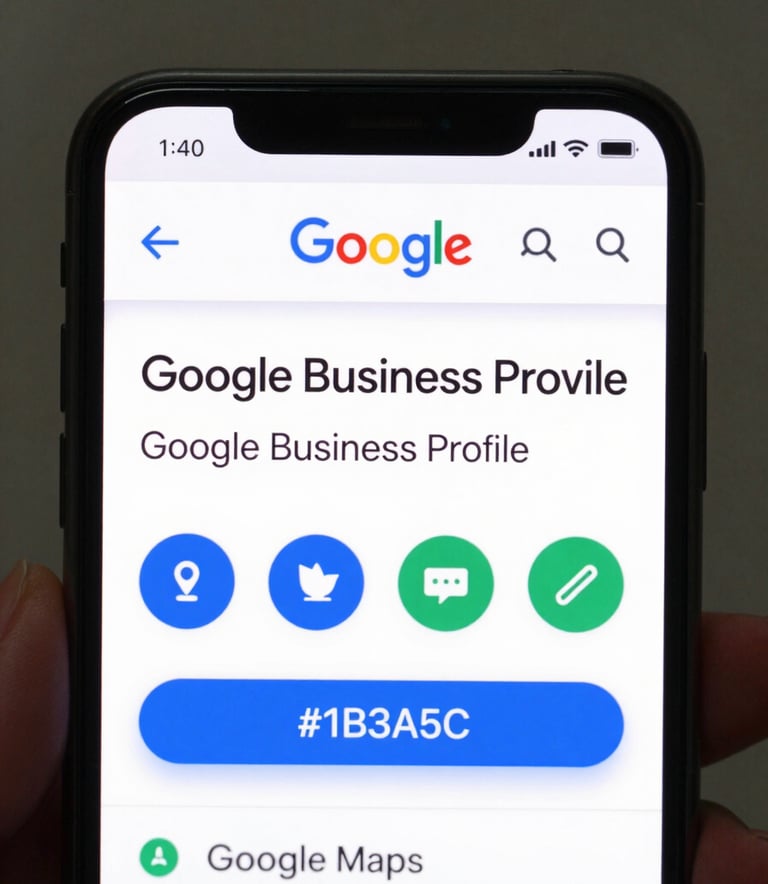 Close-up of a smartphone screen showing a highly-rated Google Business Profile on Google Maps for a local business. Vibrant and sharp, incorporating #1B3A5C tones.