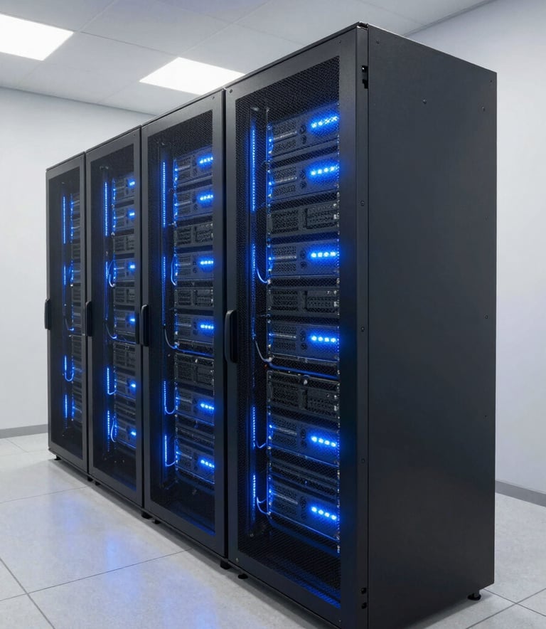 A high-tech server room in a modern South American corporate building, featuring glowing blue LED lights on racks, clean white walls, and a polished floor, conveying technological efficiency.
