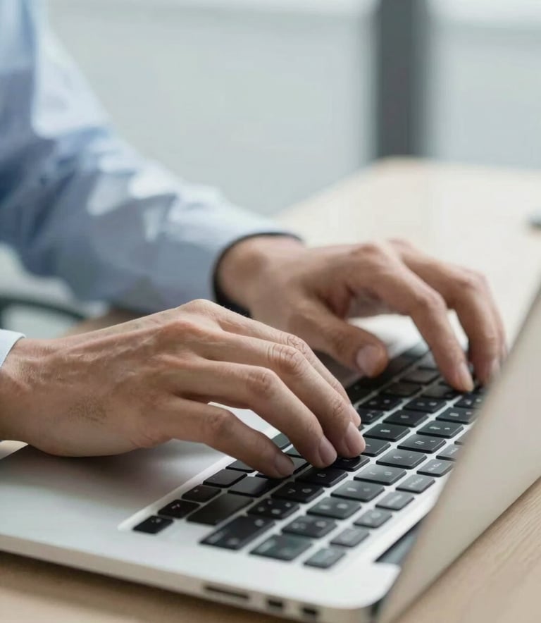 A close-up of professional hands typing on a modern laptop keyboard in a bright South American / Brazilian corporate setting, soft light blue and pale off-white tones, clean and professional lighting.