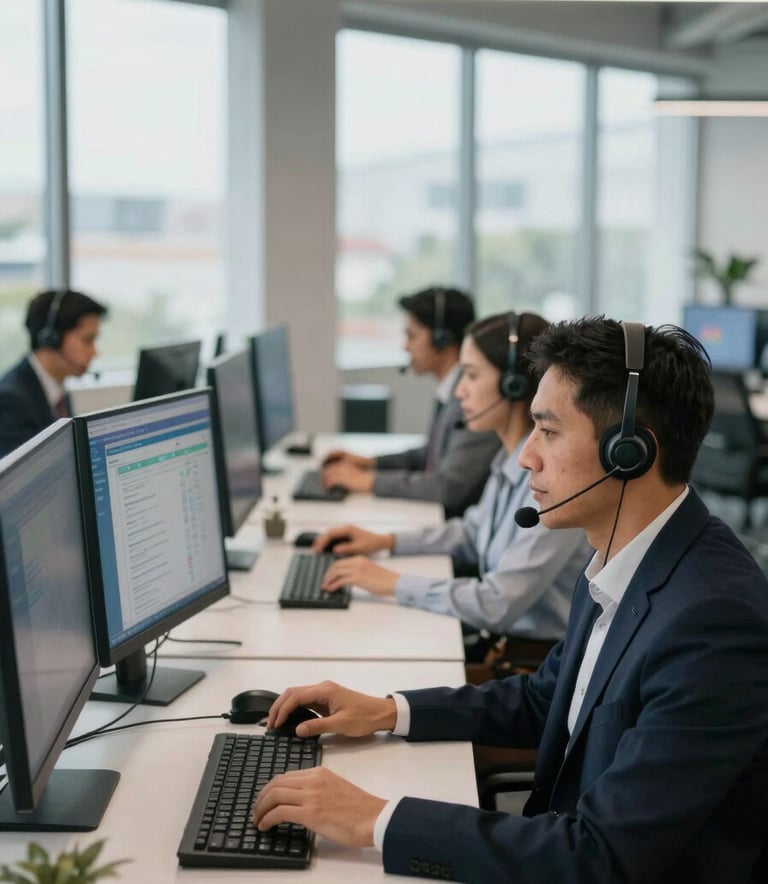 A group of professional South American call center agents working in a modern, open-plan office with large windows, wearing professional headsets and interacting with large touchscreens displaying data.
