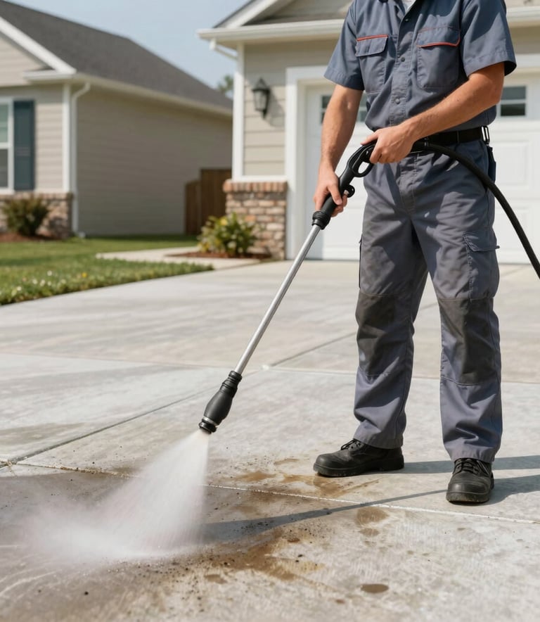 A professional technician using high-pressure washing equipment on a concrete driveway of a North American suburban home. The lighting is bright and clear, emphasizing cleanliness and the efficient removal of stains. The technician wears a clean uniform in slate blue colors.