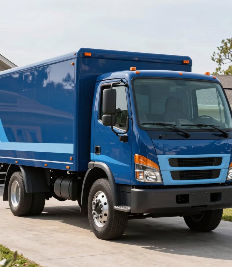 A clean, professional property maintenance truck parked in a tidy North American driveway. The truck is painted in a deep blue and features light blue accents, with a focused composition highlighting reliability and expert service.