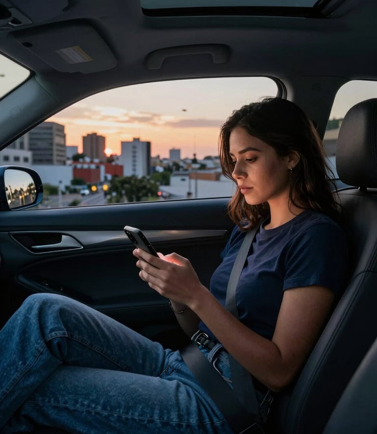 A young woman looking relaxed and safe, sitting in the back seat of a modern car, checking her phone. Through the window, a Latinoamericano / Hispano city is visible at sunset. Warm evening light, professional composition, deep blue shadows and steel blue accents.