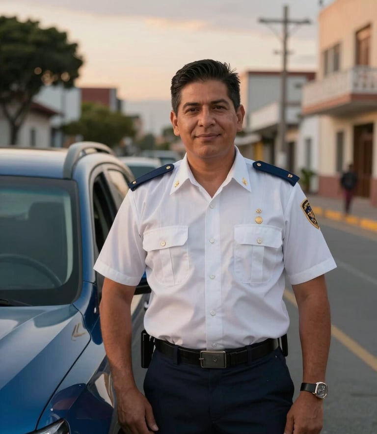 Fotografía profesional de un conductor Latinoamericano sonriente y uniformado junto a un vehículo moderno y reluciente en una calle de una ciudad principal. La iluminación es de atardecer cálido, transmitiendo confianza y seguridad. Colores predominantes azul acero y blanco roto.
