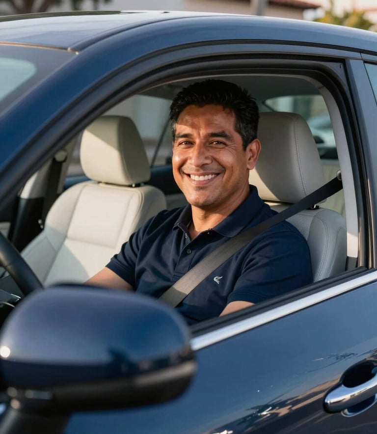 A professional driver sitting inside a clean, modern car, smiling. The scene is set in a sunny Latinoamericano / Hispano neighborhood. Soft natural light, high-end commercial photography, deep blue and off-white interior.