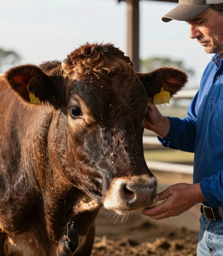 Close-up of a professional cattle breeder inspecting a high-quality Angus bull in a professional South American ranch setting. Focus on the textures of the coat, bright morning light, reflecting expertise and high standards.