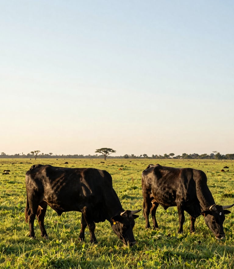 Professional landscape photography of black Angus cattle grazing in a lush green Brazilian pampa pasture. Soft golden hour lighting, clean horizon, South American rural excellence.