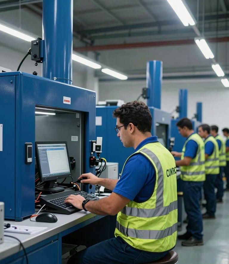 Fotografia de um dep3sito moderno no Brasil, interior limpo com tons de azul ard3sia, funcion3rios com coletes de seguran1a operando equipamentos de log3stica, ilumina13o brilhante e ambiente profissional.
