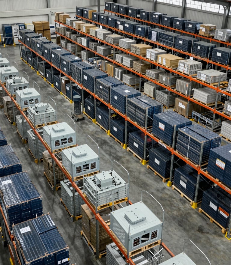 A wide-angle shot of a massive, organized distribution warehouse in Brazil, with rows of metal shelving and high-tech loading equipment, professional lighting in shades of light grey and navy.